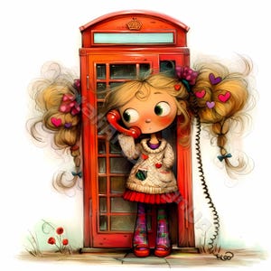 Fille de cabine téléphonique Clip Art 10 haute résolution aquarelle JPG indésirable journalisation, scrapbooking, fabrication de cartes Kit de téléchargement numérique Fantasy art de Londres