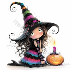 Halloween witch girl Clip Art 10 High Res Watercolor JPG Junk Journaling Scrapbooking Card Making Digital Download Kit Fantasy autumn spooky