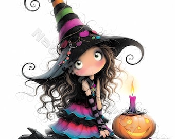 Menina bruxa de Halloween Clip Art 10 Alta Resolução Aquarela JPG Junk Journaling Scrapbooking Cartão Fazendo Kit de Download Digital Fantasia Outono assustador