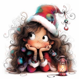 Whimsical Christmas gnome girl Clip Art 10 High Res Watercolor JPG Junk Journaling Scrapbooking Card Making Digital Download Kit Fantasy