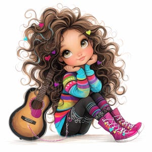 Eigenzinnige gitaar meisje Clipart 10 High Res aquarel JPG voor ongewenste tijdschriften Scrapbooking Card Making digitale Download Fantasy grillige muziek
