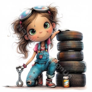 Chica reparadora de autos Clipart 10 Alta Resolución Acuarela JPG Revistas basura Scrapbooking Fabricación de tarjetas Descarga digital Mecánica femenina caprichosa