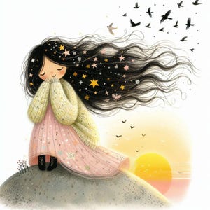 Puede incluir: Una niña con el pelo largo y oscuro adornado con estrellas se encuentra de pie sobre una roca con una puesta de sol de fondo. Su pelo se mueve con el viento y lleva un vestido rosa y un jersey verde claro.