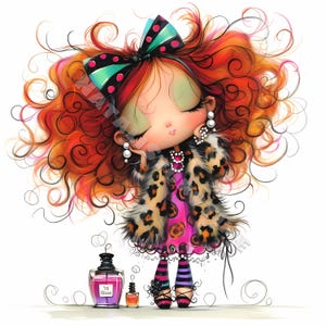 Elegante leopardo menina clipart 10 alta resolução aquarela JPG lixo diários scrapbooking cartão fazendo download digital fantasia caprichosa menina vermelha