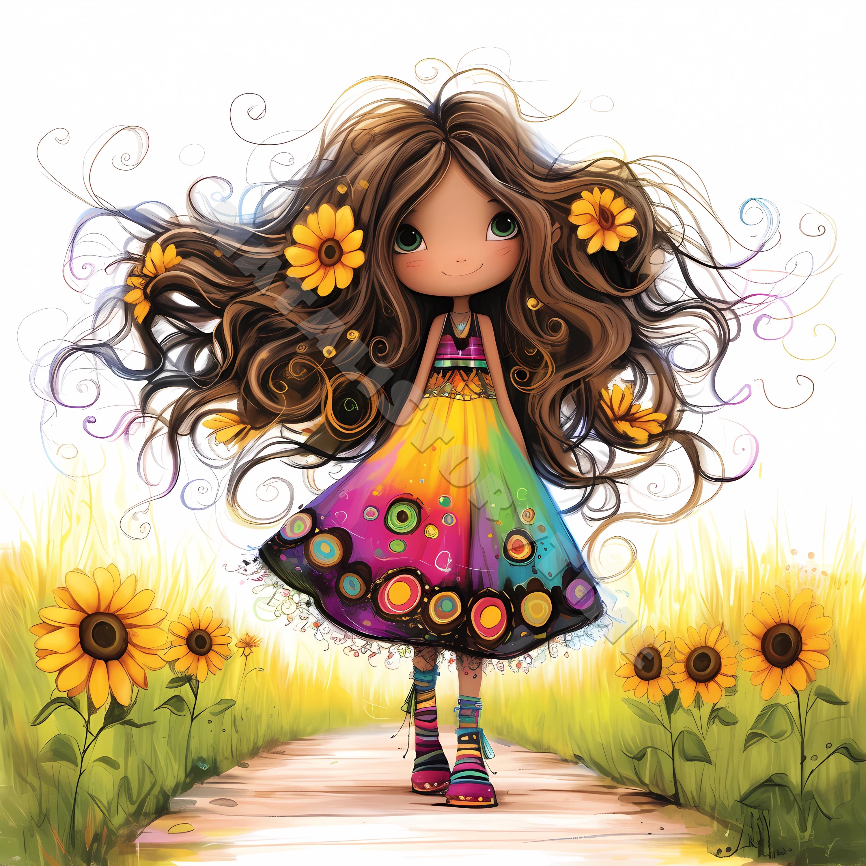 Whimsical Sunflower Girl Clip Art 10 High Res Watercolor Jpgs Junk ...