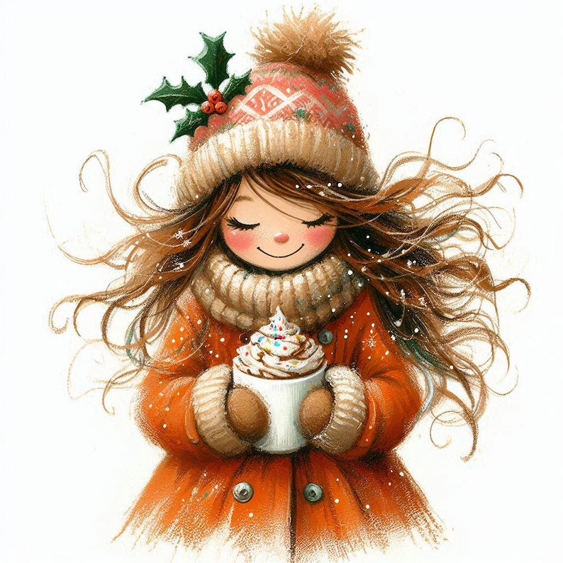Puede incluir: Una ni&ntilde;a con el pelo largo y casta&ntilde;o que lleva un abrigo de invierno rojo y blanco y un gorro blanco con una rama de acebo verde. Est&aacute; sosteniendo una taza blanca con una cobertura de crema batida y espolvoreada.