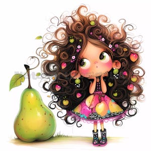 Clip Art de una chica pera peculiar, 10 archivos JPG de acuarela de alta resolución, kit de descarga digital, scrapbooking, fabricación de tarjetas, fantasía, fruta peculiar