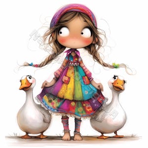 Fille de la campagne et oies Clip Art 10 haute résolution aquarelle JPG indésirable journalisation Scrapbooking Carterie en téléchargement numérique Kit Fantasy ferme rustique