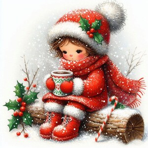 Puede incluir: Una ni&ntilde;a peque&ntilde;a con un gorro y una bufanda de invierno rojos y blancos se sienta en un tronco nevado sosteniendo una taza roja y verde. Lleva guantes rojos y tiene un bast&oacute;n de caramelo a su lado.