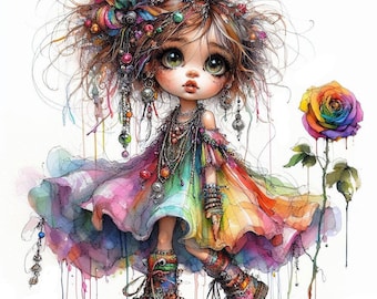 Whimsical little girls Clipart 10 High Res Watercolor JPGs for Junk Journals Scrapbooking Card Making Digital Download Fantasy quirky girl