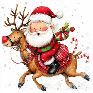 Père Noël avec renne Clipart 10 fichiers JPG aquarelle haute résolution pour journaux indésirables Scrapbooking Carterie Kit de téléchargement numérique Fantasy lunatique