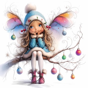 Blue winter fairy girl Clip Art 10 High Res Watercolor JPG Junk Journaling Scrapbooking Card Making Digital Download Kit Fantasy quirky