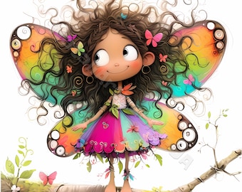 May include: A colorful cartoon fairy with brown hair and a butterfly wing costume. The fairy is standing on a branch with green leaves and flowers.