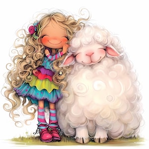 Fille originale avec des moutons Clipart 10 fichiers JPG aquarelle haute résolution pour journaux indésirables Scrapbooking Carterie en téléchargement numérique Fantasy lunatique