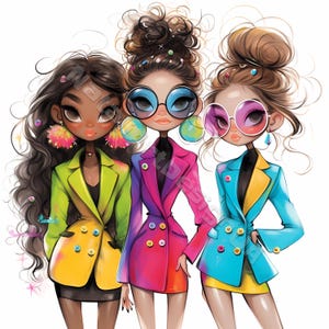 Quirky stylish besties Clip Art 10 High Res Watercolor JPGs for Junk Journaling Scrapbooking Making Digital Download Kit Fantasy friendship