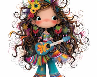 Fille hippie originale Clip Art 10 JPG aquarelles haute résolution, journal indésirable, scrapbooking, fabrication de cartes, Kit de téléchargement numérique, bohème fantastique