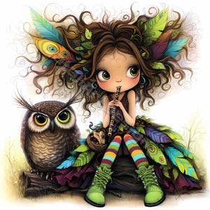 Fille hibou originale Clip Art 10 haute résolution aquarelle JPG indésirable journalisation, scrapbooking fabrication de cartes Kit de téléchargement numérique fée de conte de fées fantastique