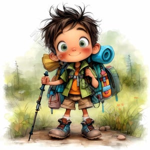 Clipart de niño excursionista caprichoso 10 JPG de acuarela de alta resolución para diarios basura Scrapbooking Fabricación de tarjetas Descarga digital Viaje de fantasía Turista