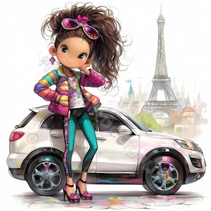 Fille chic avec voiture Clipart 10 haute résolution aquarelle JPG indésirable journaux Scrapbooking Carterie en téléchargement numérique Fantasy lunatique fille fashion