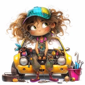 Fille mécanique décalée Clipart 10 haute résolution aquarelle JPG indésirable journaux Scrapbooking Carterie Téléchargement numérique lunatique réparation auto