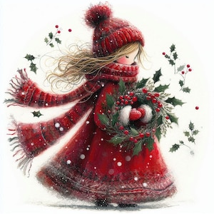 Skurrile Mädchen mit Weihnachtskranz Clipart 11 hochauflösende JPGs in Wasserfarbe für Junk Journals Scrapbooking Kartenherstellung Digitales Winteraquarell