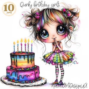 Clipart original de fille d'anniversaire, fille originale 10 JPG, carte d'anniversaire drôle, png d'anniversaire, clipart de scrapbooking, clipart original, fille lunatique