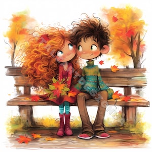 Amore coppia autunnale Clip Art 10 JPG ad alta risoluzione ad acquerello per scrapbooking, diario, creazione di biglietti, kit di download digitale, ragazza ragazzo fantasy