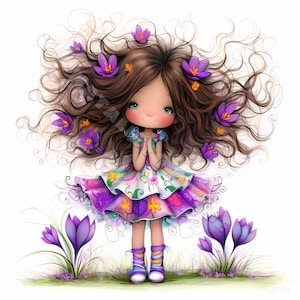Fille fantaisiste crocus Clip Art 10 JPG aquarelles haute résolution, journal indésirable, scrapbooking, fabrication de cartes, Kit de téléchargement numérique, fantaisie original
