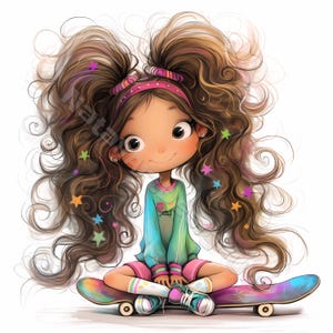Ragazza pattinatrice stravagante Clip Art 10 JPG ad alta risoluzione per acquerelli Junk Journaling, Scrapbooking, Kit per il download digitale di biglietti Fantasy sportivo