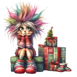 Schrullige Weihnachts Mädchen Clipart 10 hochauflösende Aquarell JPGs für Junk Journals Scrapbooking Kartenherstellung Digital Download Fantasy Winter