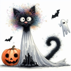Clipart chat fantôme d'Halloween 10 fichiers JPG aquarelle haute résolution pour journaux indésirables Scrapbooking Carterie en téléchargement numérique Fantasy original chat