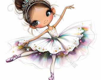 May include: A young ballerina with brown hair and big eyes wears a white tutu with iridescent accents and pink ballet shoes. She is posed in a graceful dance move with her leg extended.