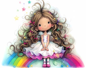 May include: A young girl with long brown hair and a white dress sits on a rainbow. She has a pink bow in her hair and is smiling. Stars are scattered around her.