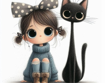Chica peculiar con gato Clipart 10 JPG de acuarela de alta resolución para diarios basura Scrapbooking Fabricación de tarjetas Descarga digital Fantasía Caprichosa