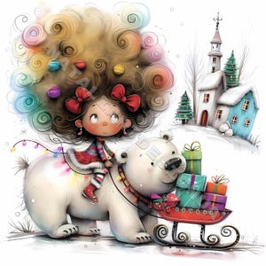 Clipart fille original ours polaire 10 fichiers JPG aquarelle haute résolution pour journaux indésirables Scrapbooking fabrication de cartes aquarelle hiver Noël original