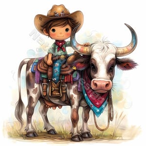 Cowboy original avec une vache Clip Art 10 JPG aquarelles haute résolution Journalisation indésirable, scrapbooking, fabrication de cartes Kit de téléchargement numérique Fantasy Western