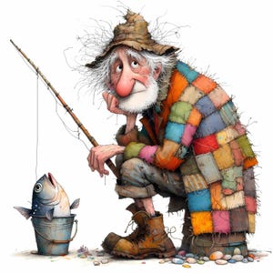 Pescador peculiar Clipart 10 Alta resolución Acuarela JPG para revistas basura Scrapbooking Fabricación de tarjetas Descarga digital Fantasía Abuelo caprichoso