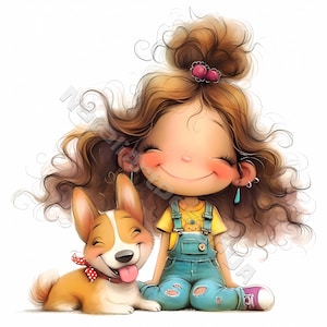Schrullig Hunde-Liebhaber-Mädchen Clip Art 10 hochauflösende JPGs Aquarell Junk Journaling, Scrapbooking, Kartenherstellung Digital Download Kit Fantasy wunderlich