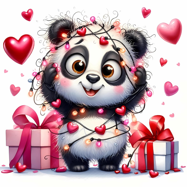 May include: Adorable cartoon panda entangled in pink and red heart-shaped string lights.  The panda is surrounded by wrapped gifts with pink and red ribbons.  The scene is set against a white background, creating a festive Valentine's Day theme. The panda's fur is black and white, and its expression is cheerful.  The image is digitally rendered with a soft, whimsical style.