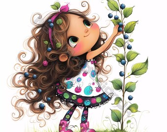 Blueberry girl Clip Art 10 High Res Watercolor JPGs Junk Journaling, Scrapbooking, Card Making, Digital Download Kit, Fantasy quirky Fruit