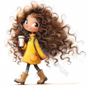 Clipart de chica caficultora peculiar, 10 JPG de acuarela de alta resolución para revistas basura, scrapbooking, creación de tarjetas, descarga digital, fantasía, amante del café
