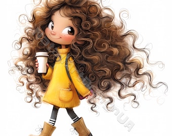 Quirky coffe girl Clipart 10 High Res Watercolor JPGs for Junk Journals Scrapbooking Card Making Digital Download Fantasy Coffee lover