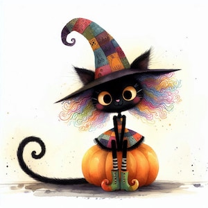 Clipart de gato negro peculiar 12 JPG de acuarela de alta resolución para revistas basura Scrapbooking Fabricación de tarjetas Descarga digital Clipart de Halloween de fantasía
