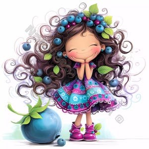 Clip Art 10 haute résolution JPG aquarelle fille aux bleuets, journal indésirable, scrapbooking, fabrication de cartes, Kit de téléchargement numérique, fruit original fantaisie
