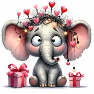 Éléphant de la Saint-Valentin original Clipart 10 JPG aquarelle haute résolution pour journaux indésirables Scrapbooking carte téléchargement numérique Fantasy love clipart