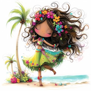 Fille hawaïenne originale Clip Art 10 haute résolution aquarelle JPGs journalisation indésirable, scrapbooking, fabrication de cartes en téléchargement numérique Fantasy clipart