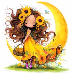 Quirky sunflower Fairy Clip Art 10 High Res Watercolor JPGs Junk Journaling, Scrapbooking Card Making Digital Download Kit Fantasy Whimsical