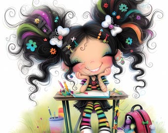 Puede incluir: Ilustración caprichosa de una niña sonriente con cabello negro rizado adornado con acentos coloridos. Está sentada en un pequeño escritorio con útiles de arte, con una camisa y calcetines a rayas. Una mochila rosa y materiales de pintura están cerca.