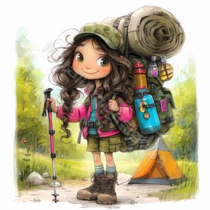 Skurrile Wander Mädchen Clipart 10 hochauflösende Aquarell JPGs für Junk Journals Scrapbooking Kartenherstellung Digitaler Download Fantasy Reise Tourist