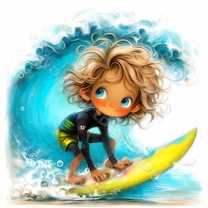 Clip art de un peculiar chico surfista, 10 archivos JPG de acuarela de alta resolución, kit de descarga digital para diario basura, scrapbooking y creación de tarjetas, tabla de surf de fantasía